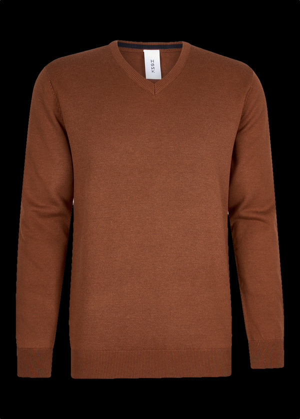 Roestbruine katoenen pullover met V-hals